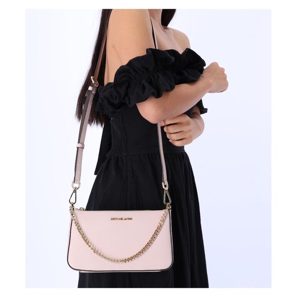 Michael Kors Jet Set Travel Medium Zip Pouchette Crossbody Powder Blush Pink - Picture 1 of 9